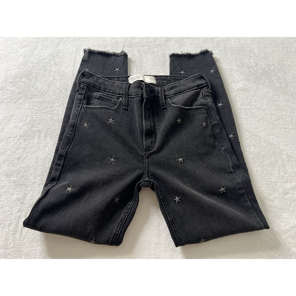 Abercrombie & Fitch Star Embroidered High Rise Ankle Black Jean Denim Size 25 0R - Picture 1 of 7